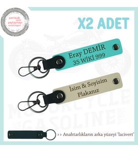 Eşinize Çok Özel Hediye, İsim Ve Plaka Yazılı 2'li Deri Anahtarlık Takım, Sütlü Kahve-Turkuaz-Laci
