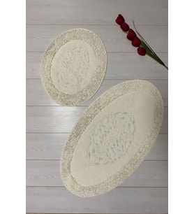 Oval Pamuk Makarna Damaks 2'li Klozet Takımı Banyo Paspas Seti Beyaz
