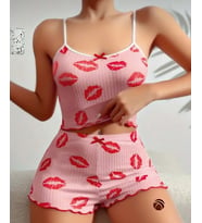 Lily Pembe Siyah Pembe Öpücük Desenli %100 Pamuk İnce Askılı Büstiyer Şort Takım (Pembe)