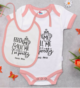 BK Kids Kişiye Özel I'm Pretty Tasarımlı Pembe Bebek Body Zıbın ve Mama Önlüğü Hediye Seti