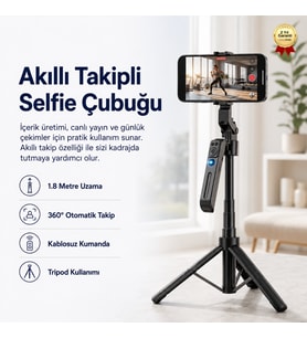 Akıllı Takipli Selfie Çubuğu 1.8 Metre 360° Döner Kumandalı Telefon Tripodu