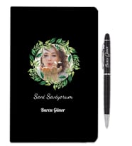 Sevgililer Gününe Özel Fotoğraflı Kişiye Özel Defter Ve Tükenmez Kalem Hediye Seti (Siyah)