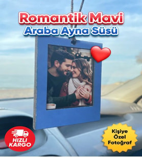 Kişiye Özel Fotoğraflı Ahşap Araç Dikiz Aynası Süsü (Buz Mavi)