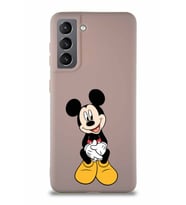 Samsung Galaxy S21 Soft Premier Kapak Mickey Mouse-A Tasarımlı Silikon Kılıf - Pudra (Şeffaf)