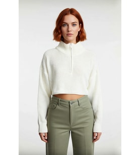 Kadın Basic Oversize Düşük Uzun Kollu Crop Fermuarlı Dik Yaka Triko Kazak Kışlık Rahat Stiller