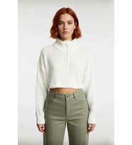 Kadın Basic Oversize Düşük Uzun Kollu Crop Fermuarlı Dik Yaka Triko Kazak Kışlık Rahat Stiller