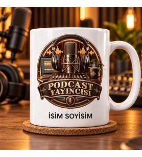 Podcast Yayıncısı Kupa Bardak Mikrofon ve Ses Dalgası Desenli