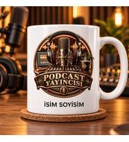 Podcast Yayıncısı Kupa Bardak Mikrofon ve Ses Dalgası Desenli