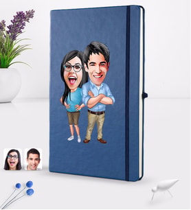 BK Gift Kişiye Özel Sevgililer Karikatürlü Karikatürlü Lacivert Termo Deri Defter 16x24cm Model 101