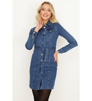 Kadın Önden Düğmeli Kuşaklı Uzun Kollu Denim Elbise (Mavi)