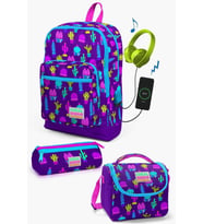 Coral High Kids Mor Pembe Kaktüs Desenli USB'li 3’lü Okul Çanta Seti - Kız Çocuk