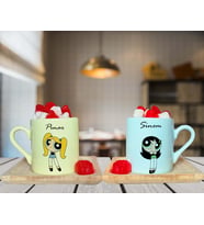 Power Puff Bubbless & Buttercup Arkadaş Çift Tasarımlı Sarı & Yeşil Ahşap Tabaklı Kişiye Özel Türk Kahvesi Fincanı Seti