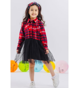 Breeze Kız Çocukuzun Kollu Elbise Ekoseli Eteği Tüllü 6-12 Yaş, Karışık Renk