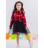 Breeze Kız Çocukuzun Kollu Elbise Ekoseli Eteği Tüllü 6-12 Yaş, Karışık Renk