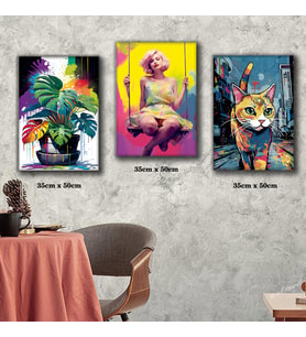 saksıda çiçekler sallanan sarışın kadın kedi tablosu 3 adet 35cmx50cm kumaş baskılı canvas tablo