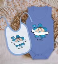 BK Kids Kişiye Özel İsimli Mavi %100 Pamuklu Askılı Sıfır Kol Bebek Body Zıbın ve Mama Önlüğü Hediye Seti-7