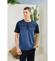 Erkek V.Yaka Boydan Düğmeli Pijama Takımı (Mavi)