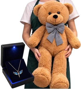 Büyük Boy 80 cm Kahve Peluş Ayıcık ve 925 Ayar Gümüş Zirkon Taşlı Mikail Meleği Kadın Kolye Hediye Seti