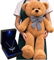 Büyük Boy 80 cm Kahve Peluş Ayıcık ve 925 Ayar Gümüş Zirkon Taşlı Mikail Meleği Kadın Kolye Hediye Seti