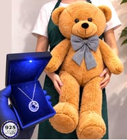 Büyük Boy Kahve Peluş Ayıcık ve Işıklı Kutusunda 925 Ayar Gümüş Kolye (Model 2)