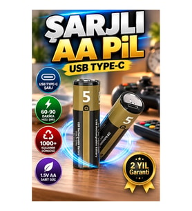 1.5V AA Type-C Şarjlı Lityum Pil – 60–90 Dakika Hızlı Şarj, 1000+ Kullanım, 2 Adet