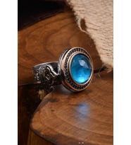 Blue Topaz Aqua Marin Taşlı Kubbe Model Yanı Teşkilat-ı Mahsusa 925 Ayar Erkek Gümüş Yüzük