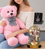 Pembe Peluş Ayıcık Size Özel Led Işıklı Fanus ve Gerçek Ametist Taşlı Lotus Kolye Seti (Model 9)