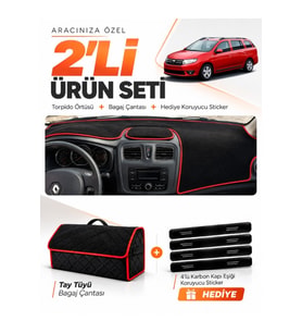 e-biz DACİA LOGAN MCV (2012-2021) Uyumlu Torpido Örtüsü + Tay Tüyü Çanta - Siyah-Kırmızı - RE015