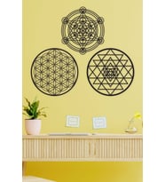 Ahşap Yaşam Çiçeği Sri Yantra Metatron Bolluk Bereket Sembolleri Üçlü Dekoratif Tablo Duvar Süsü