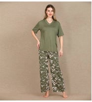 Amora Secret Şık Tasarım Çiçek Desenli Yeşil Kısa Kol Viskon Pijama Takımı