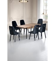 Sonata Ceviz 80 x 132 Açılabilen Sunta Masa Siyah Metal Ayaklı Mutfak Masası 6 Siyah Sandalye