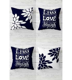 Live Love Laugf Çiçek Desenli Gizli Fermuarlı Kırlent Kılıfı Koltuk Yastık Kılıfı Takım(4adet) (Lacivert-Beyaz)