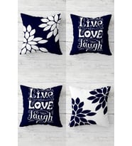 Live Love Laugf Çiçek Desenli Gizli Fermuarlı Kırlent Kılıfı Koltuk Yastık Kılıfı Takım(4adet) (Lacivert-Beyaz)