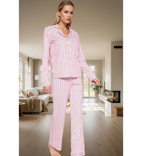 Rahat Kışlık Pijama Takımı Pamuklu Çizgili Uzun Kollu Regular Seçkin Malzeme Zarifane Tasarım