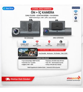 TECHSMART 2 Kanal Araç Kamera Ön + İç 1080P Full HD WiFi GPS Gece Görüşlü