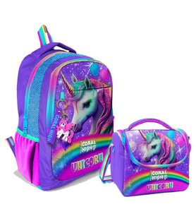 Coral High Kız Çocuk Üç Gözlü İlkokul ve Ortaokul Sırt Çantası+Beslenme - Mor Simli Unicorn