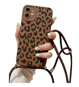 Coverzone ?Phone 12 ?le Uyumlu �zel Leopar Tasar?ml? Kadife ?� Y�zey Ayarlanabilir ?pli Boyun Ask?l? Lansman Yumu?ak Silikon Telefon K?l?f? -CF01 Kahverengi