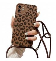 Coverzone ?Phone 12 ?le Uyumlu �zel Leopar Tasar?ml? Kadife ?� Y�zey Ayarlanabilir ?pli Boyun Ask?l? Lansman Yumu?ak Silikon Telefon K?l?f? -CF01 Kahverengi