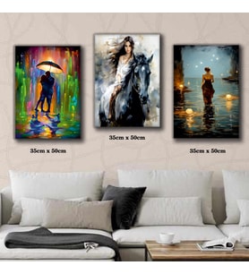 yağmur sevgili aşık çift at üzerinde kadın tablosu 3 adet 35cmx50cm kumaş baskılı canvas tablo