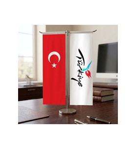 Turkey Logolu ve Türkiye Bayrağı Kırlangıç T tipi Masa Bayrak Takımı