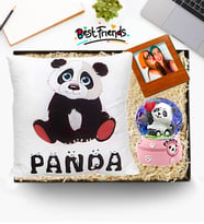Kişiye Özel Fotoğraflı Panda Işıklı Kar Küresi & Yastık Kutulu Hediye Seti