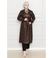 Kuşaklı Deri Trençkot-Kahverengi