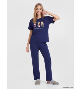 LCW DREAM Lacivert Ayı Teddy Baskılı Baskılı Pijama Takım