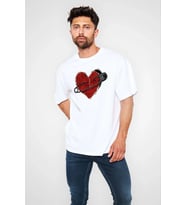 Erkek Kısa Kol Tişört Bisiklet Yaka KALP Baskılı Oversize T-Shirt - Beyaz