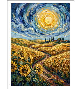 Ayçiçekli Yol Ve Van Gogh Gökyüzü Dekoratif Kanvas - Mdf Ahşap Tablo