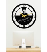 Gowpenart Atatürk Portreli İmzalı Dekoratif Siyah Metal Duvar Saati / Ev & Ofis Saati / Hediye Saat - 1,5 mm Kalınlık