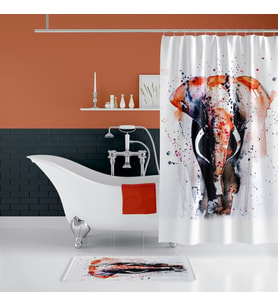 Renkli Fil Desenli Banyo Perdesi Takımı, Dijital Baskılı Paspas Hedhiyeli Duş Perdesi, 12 C Halkalı (Çok Renkli)