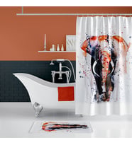Renkli Fil Desenli Banyo Perdesi Takımı, Dijital Baskılı Paspas Hedhiyeli Duş Perdesi, 12 C Halkalı (Çok Renkli)