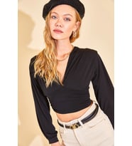 Siyah V Yaka Drape Detaylı Bluz 2YXK2-46377-02