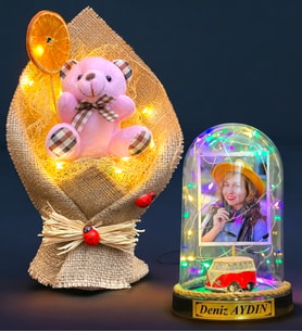 Size Özel Renkli Led Işıklı Fanus ve Led Işıklı Pembe Ayıcık Buketi Hediye Seti (Model 9)